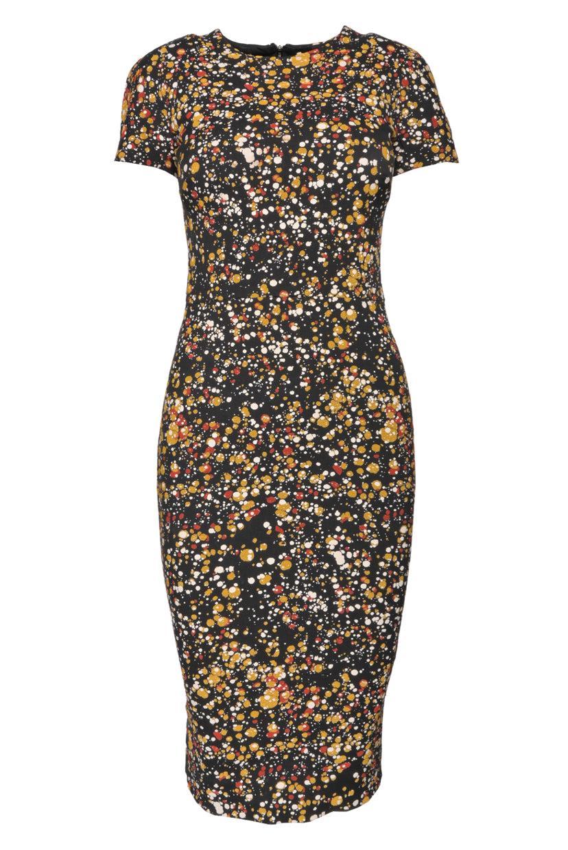 woman in the golden dress Victoria Beckham Size 2 Jacquard Midi Dress - Luxury Used Designer Dresses