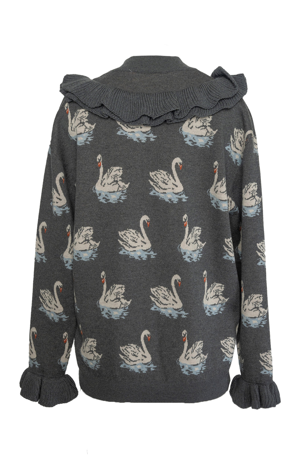 Stella Mccartney Size 44 Swan Intarsia Knit Ruffled Sweater