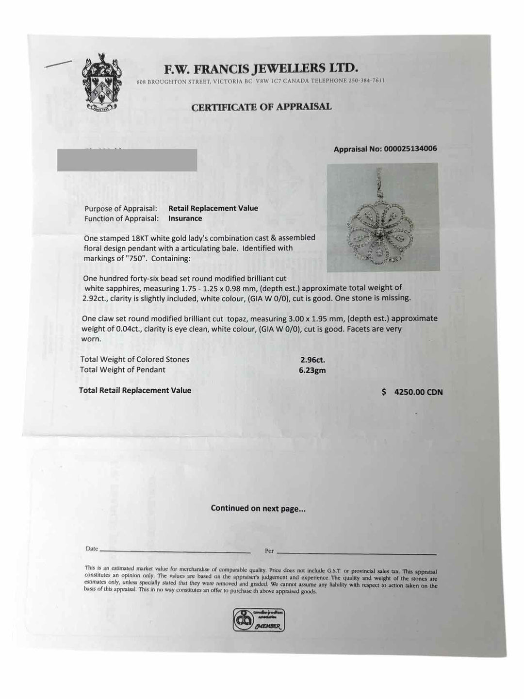 18K White Gold & Sapphire Floral Design Pendant Necklace