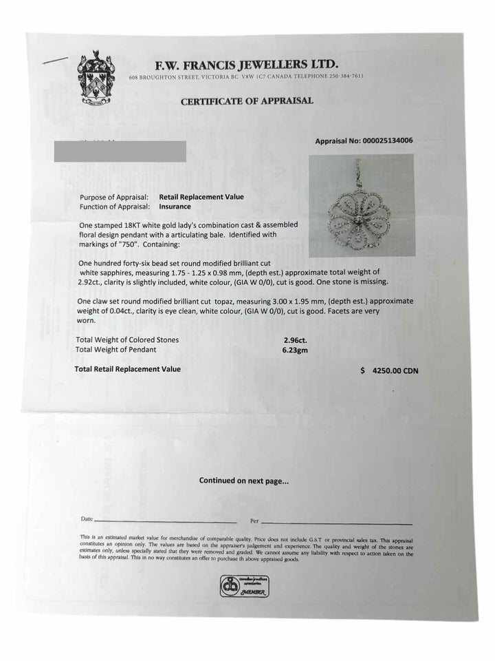 18K White Gold & Sapphire Floral Design Pendant Necklace