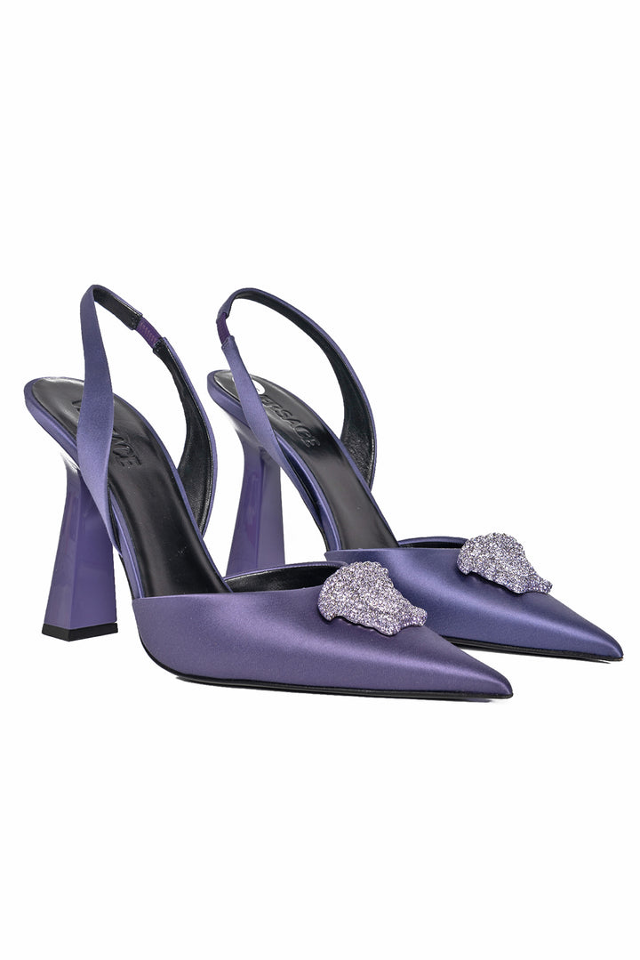 Versace Size 41 Crystal La Medusa Satin Slingback Pumps