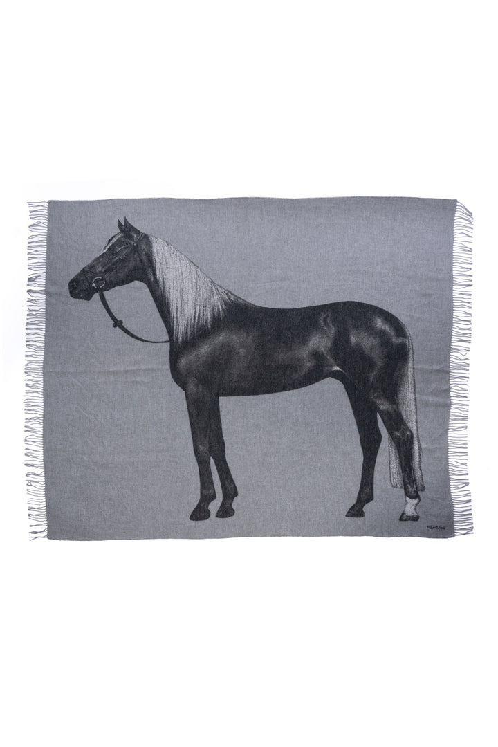 Hermes Cashmere Horse Print Fringe Blanket