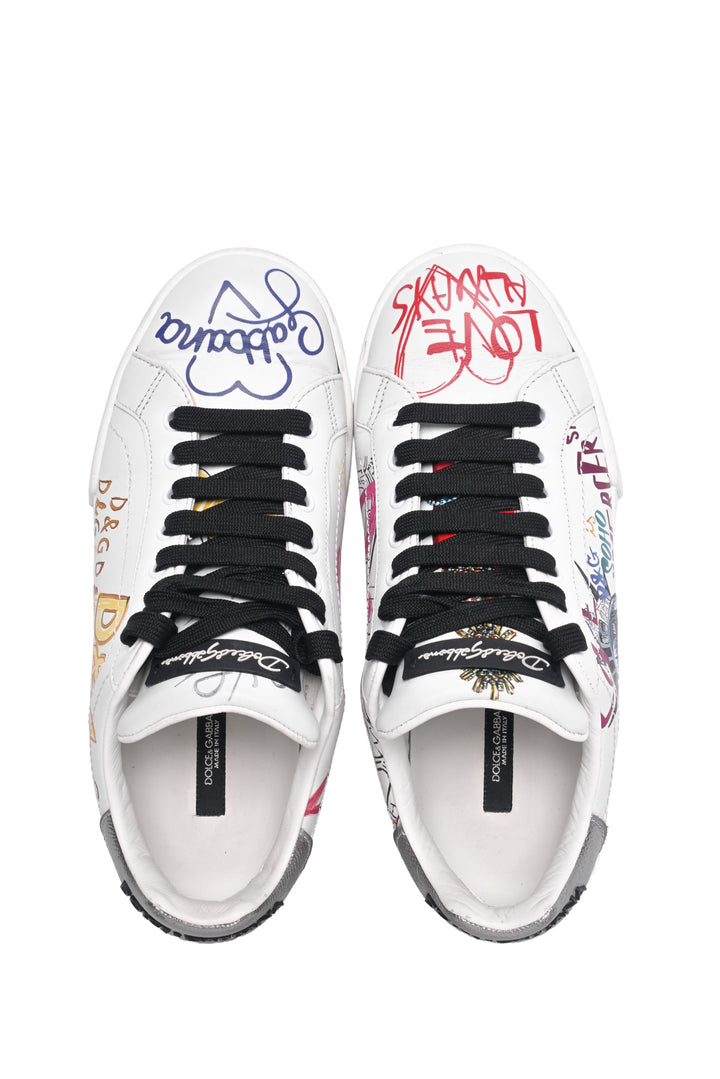 Dolce & Gabbana Size 38 Leather Graffiti Print Low-Top Sneaker