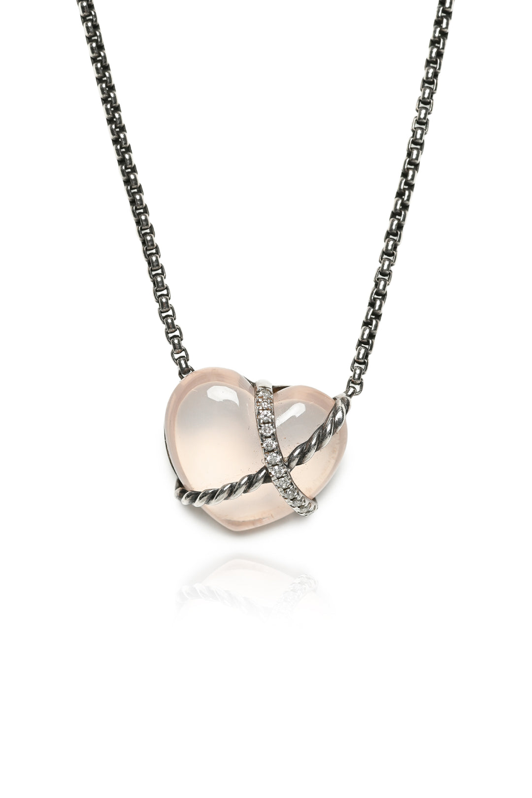 David Yurman Silver Le Petit Coeur Sculpted Diamond & Rose Quartz Heart Necklace