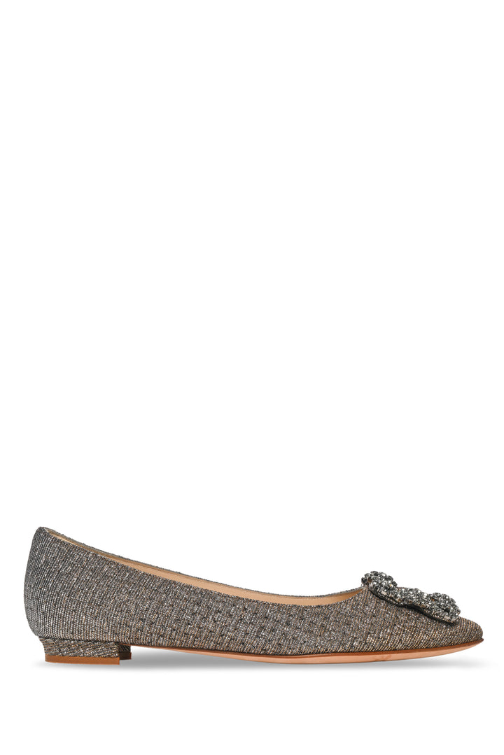 Manolo Blahnik Size 34.5 Hangisiflat Glitter Fabric Jewel Buckle Flats