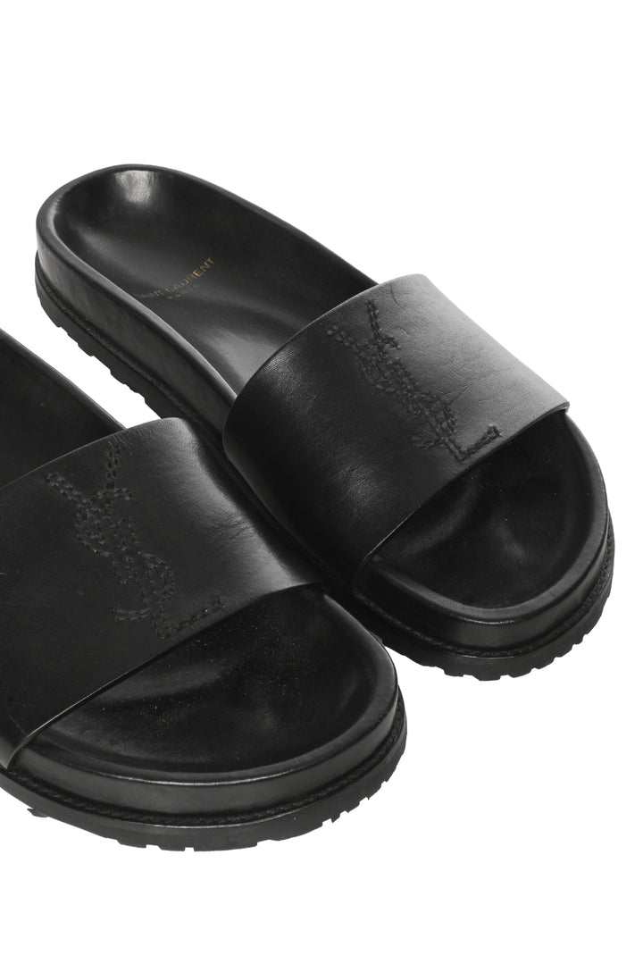 Saint Laurent Size 36.5 Embroidered Logo Leather Slides