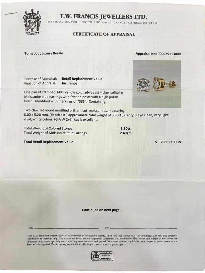 Moissenite 14KT Yellow Gold  Stud Earrings