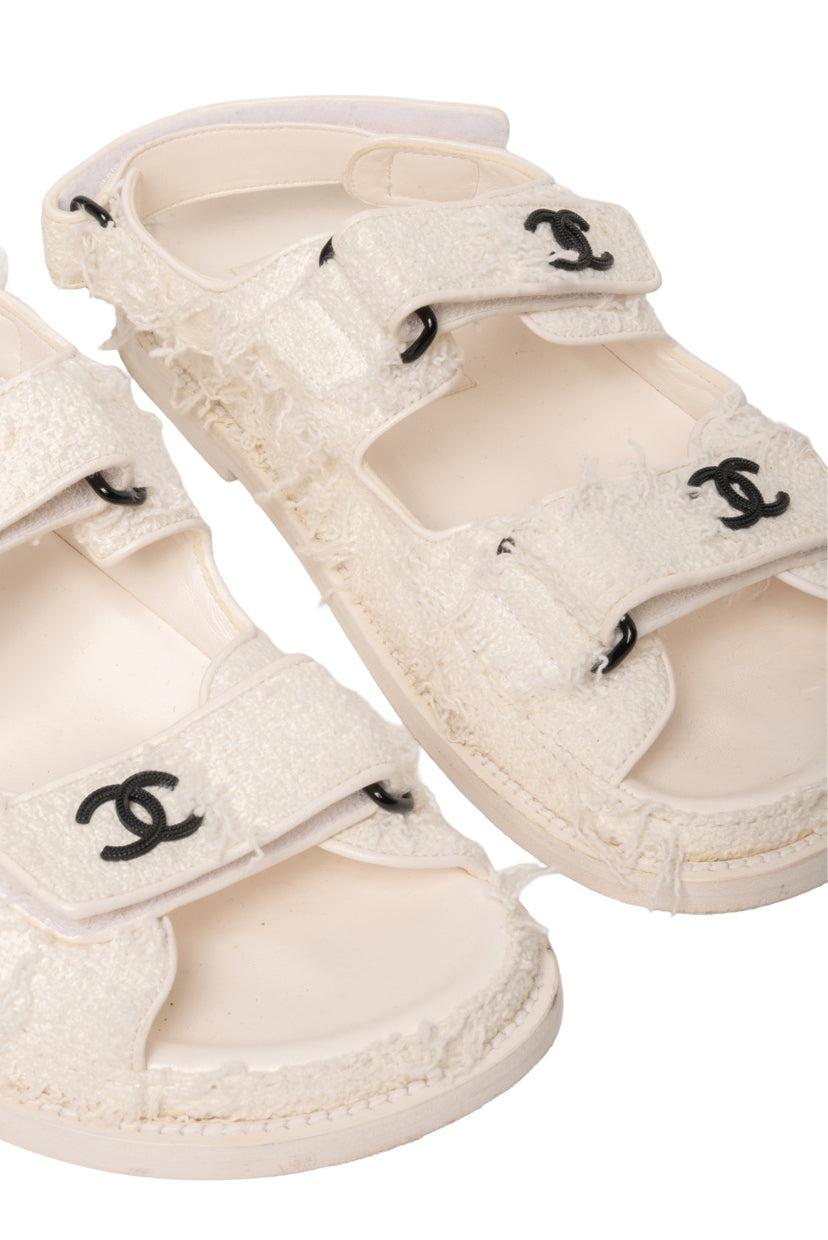 Chanel Size 37 Interlocking CC Logo Tweed Dad Sandals