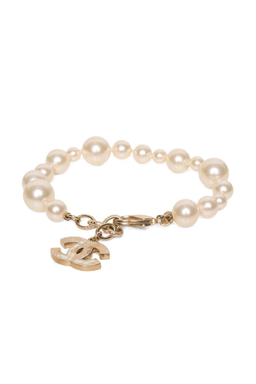 Chanel 2013 Enamel CC Charm Faux Pearl Beaded Bracelet