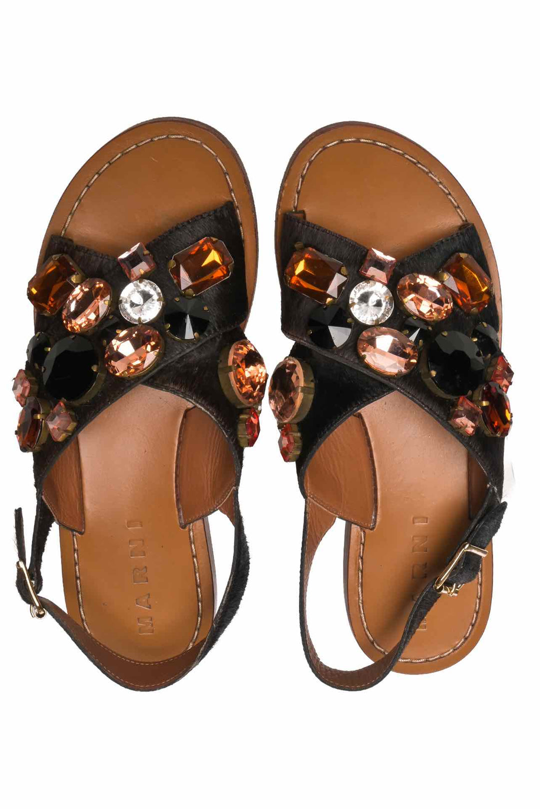 Marni Size 37 Crystal Embellished Pony Hair Slingback Sandals