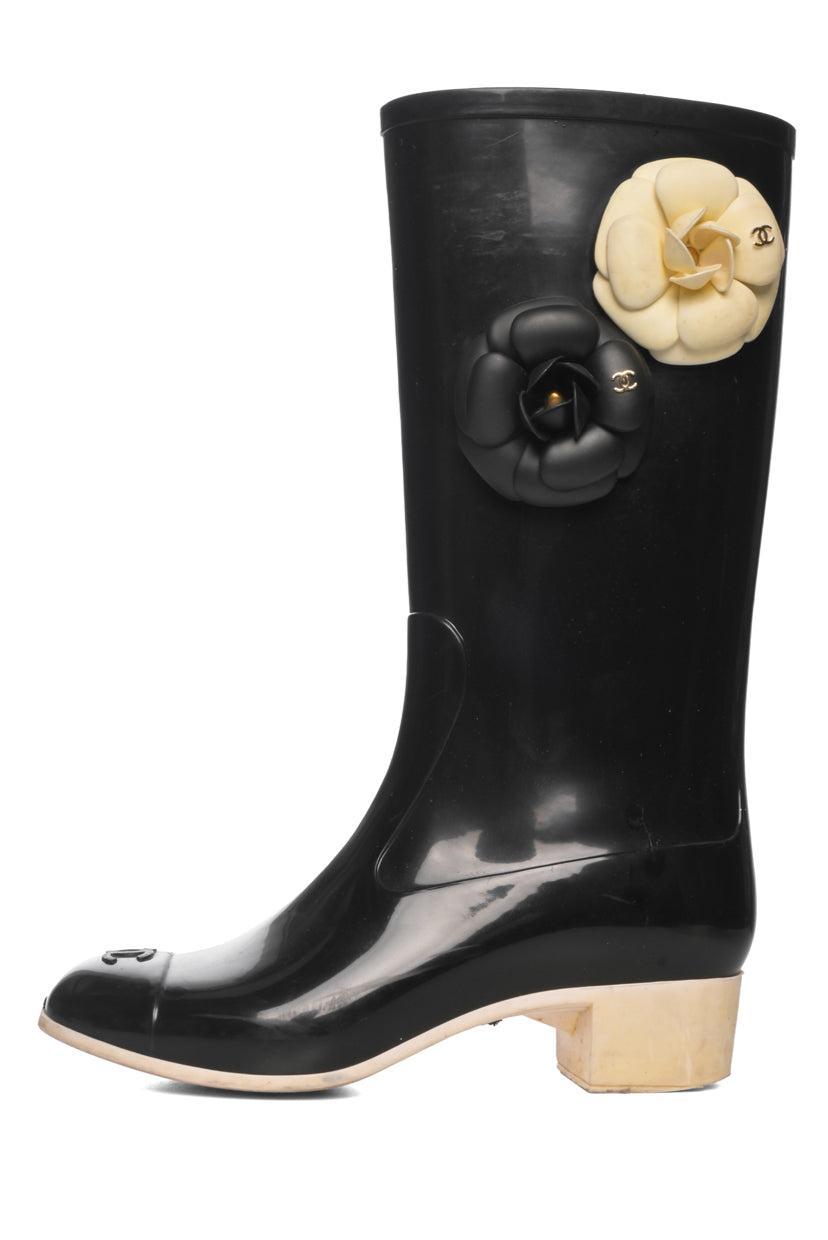 Chanel Size 36 Rubber Camellia Flower Rain Boots