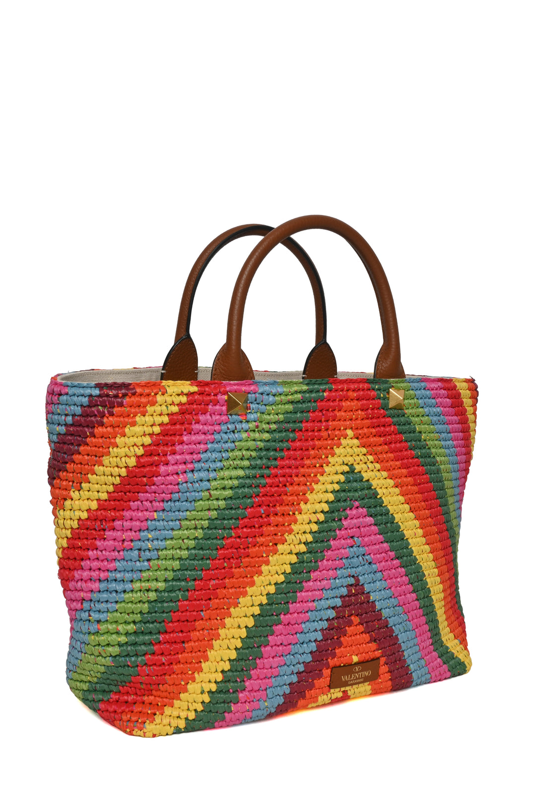 Valentino Roman Studded Chevron Raffia Rainbow Tote