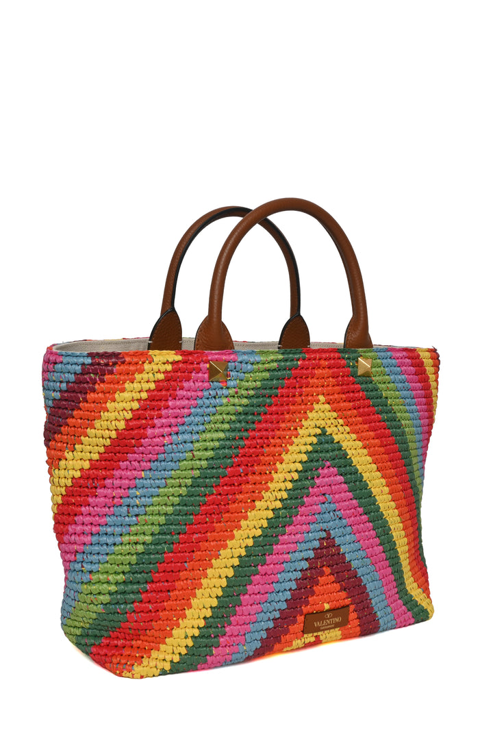 Valentino Roman Studded Chevron Raffia Rainbow Tote