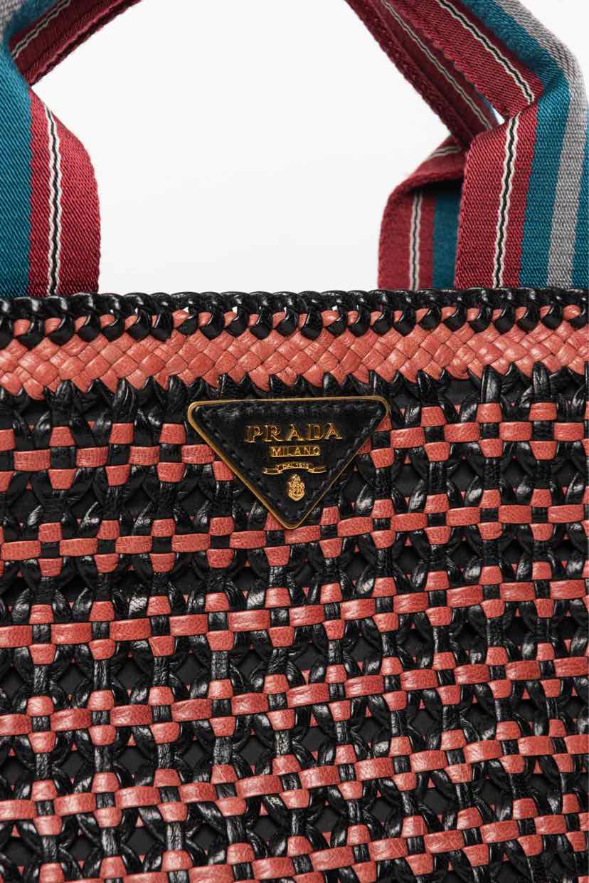 Prada Convertible Open Tote Madras Woven Leather Tote