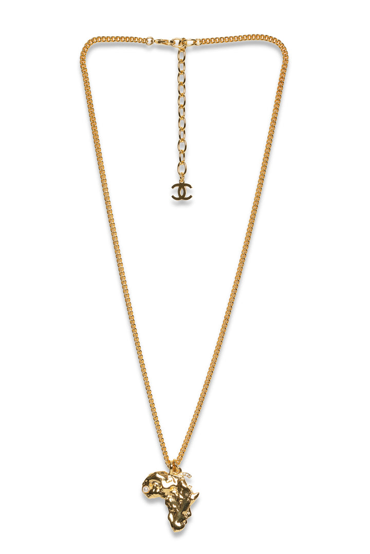 Chanel 2023 Faux Pearl & Strass Africa Map Pendant Necklace