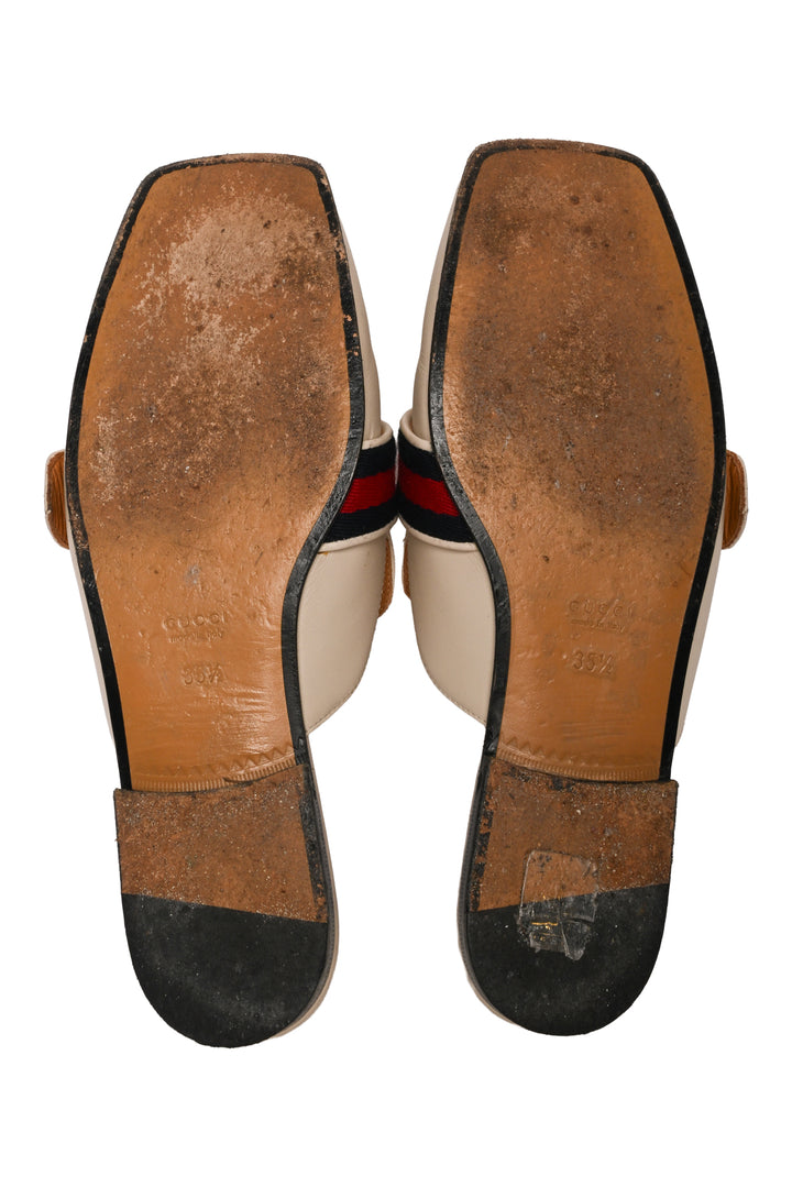 Gucci Size 35.5 Peyton GG Marmont Web Stripe Square Toe Leather Mules