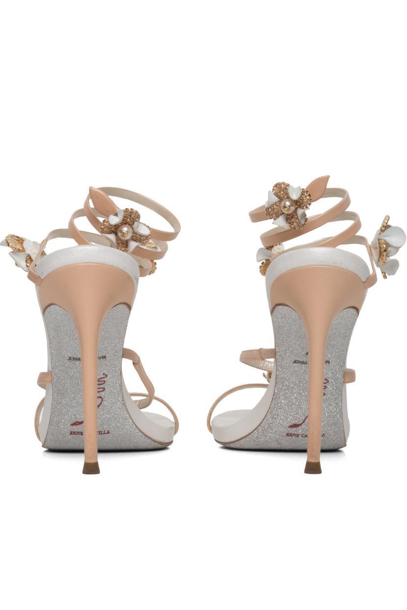 Rene Caovilla Size 37 Embellished Flower Ankle Coil Heeled Sandals