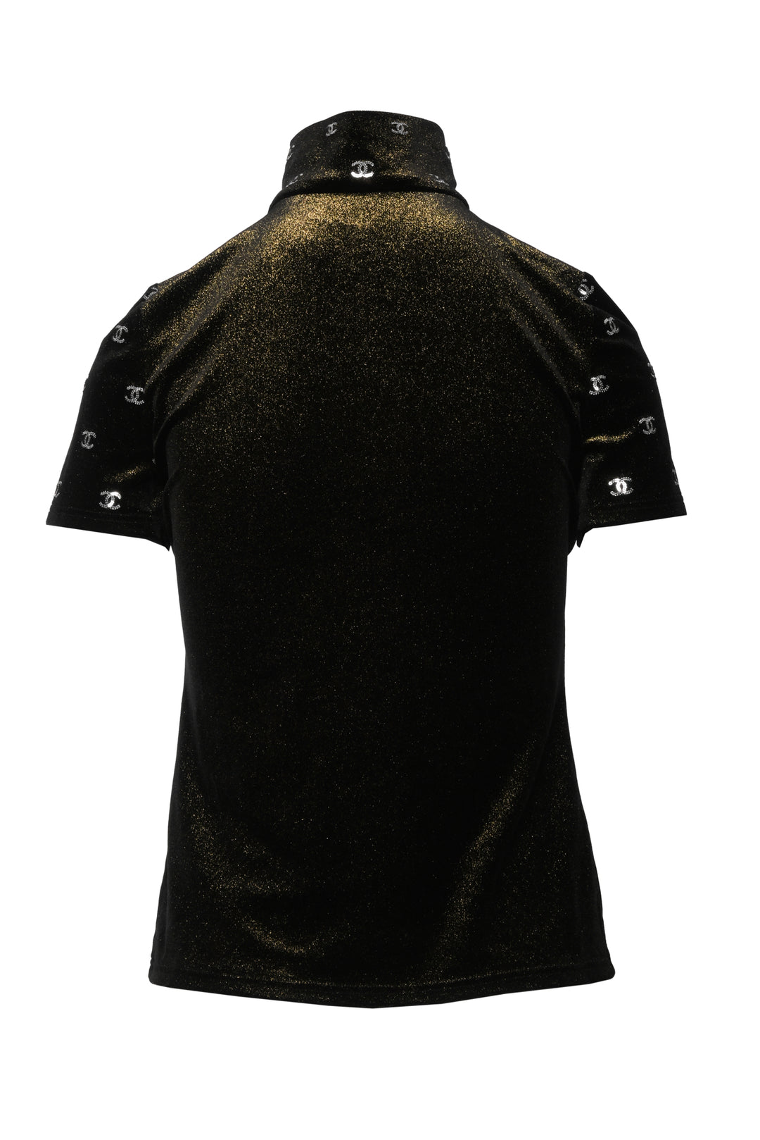 Chanel Size 4 Sequin CC Logo Metallic Velvet Half Zip Short Sleeve Tops