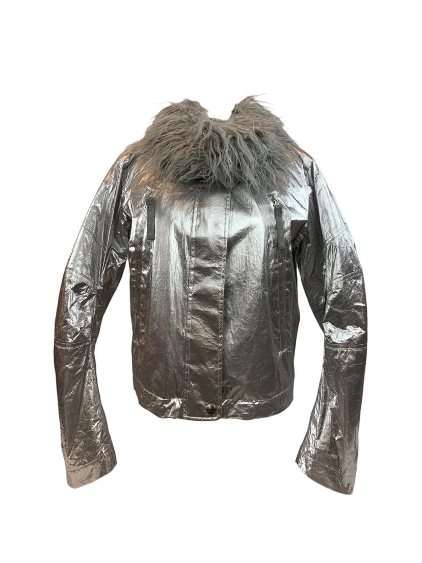 Helmut Lang Size XS Astro Foil Faux Fur-Trimmed Metallic Crinkled-Shell  Jacket