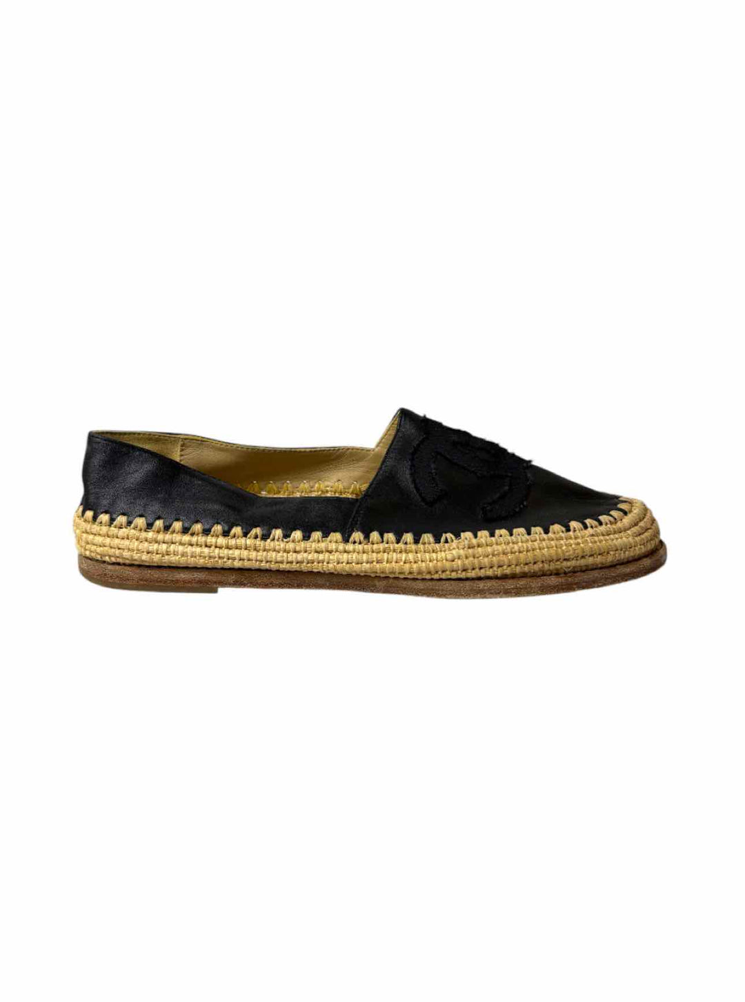 Chanel Size 38 Black Leather CC Logo Espadrille Flats