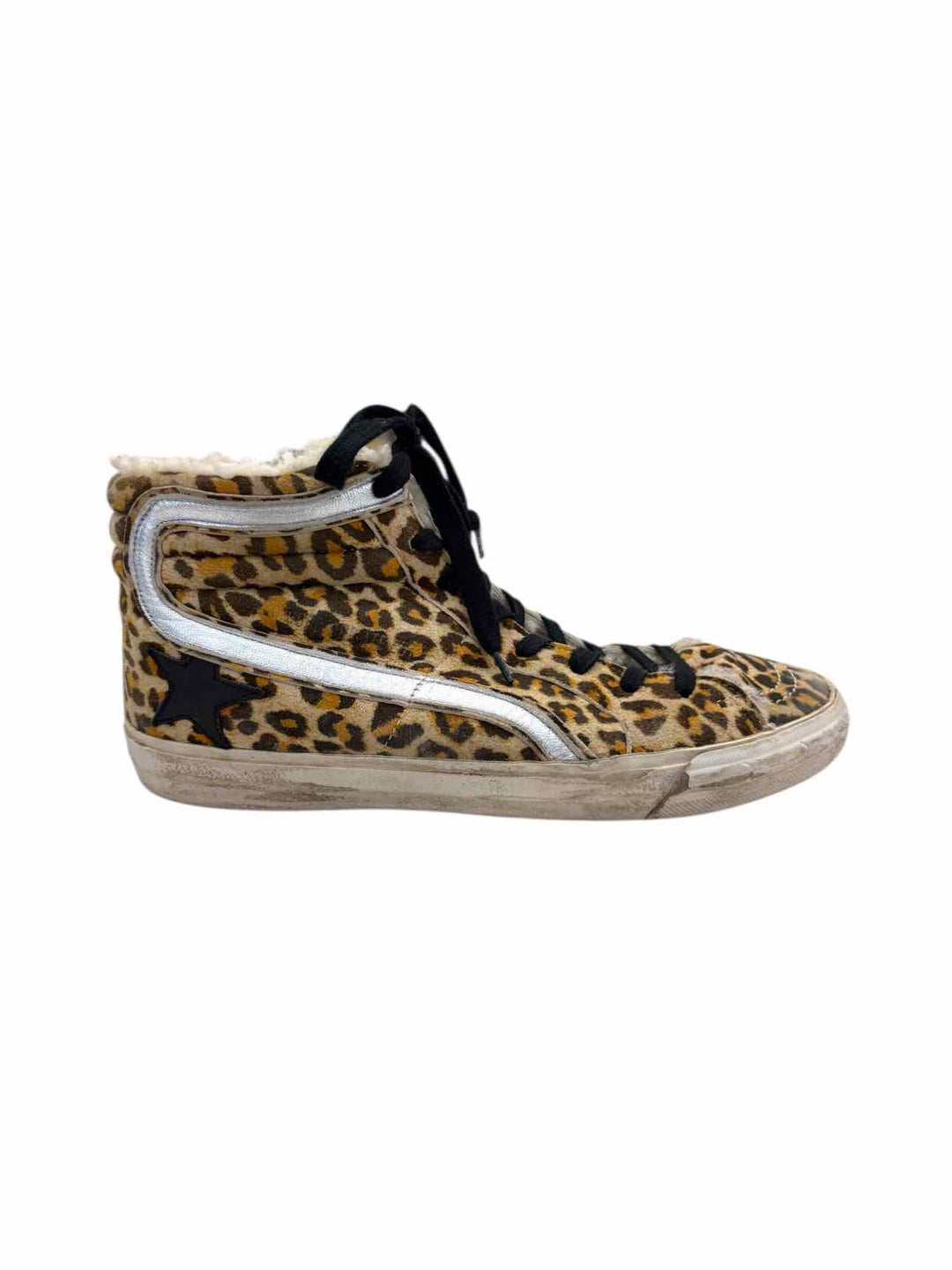 Golden Goose Size Slide Distressed Shearling Lined Leopard Print Suede Sneaker