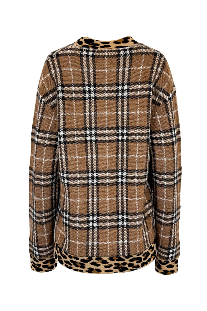 Burberry Size M Men's Cashmere & Mohair Check & Leopard Print V-Neck Sweater