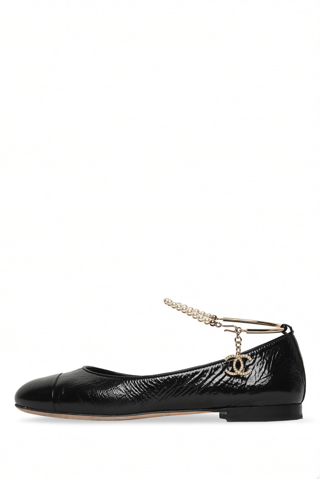 Chanel Size 38 Shiny Lambskin Cap Toe Pearl Chain Ballerina  Flats