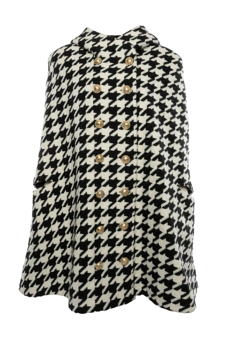 Balmain Size 42 Hooded Houndstooth Wool Blend Cape