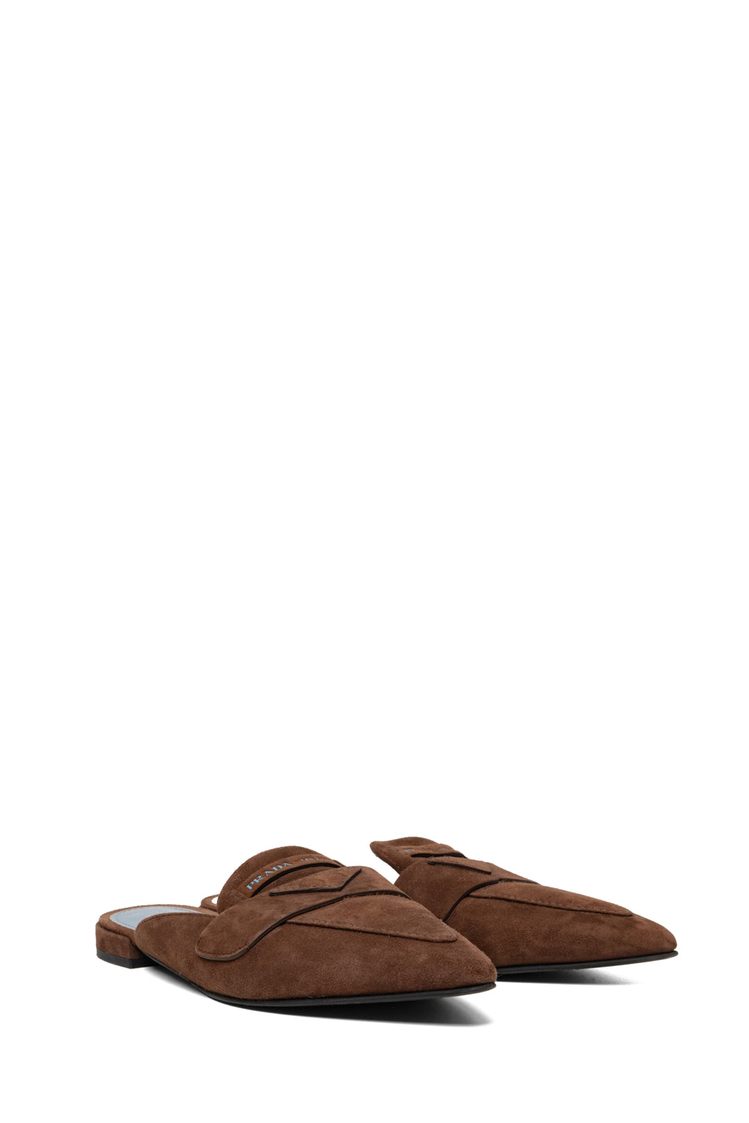 Prada Size 37.5 Suede Logo Pointed Toe Mules