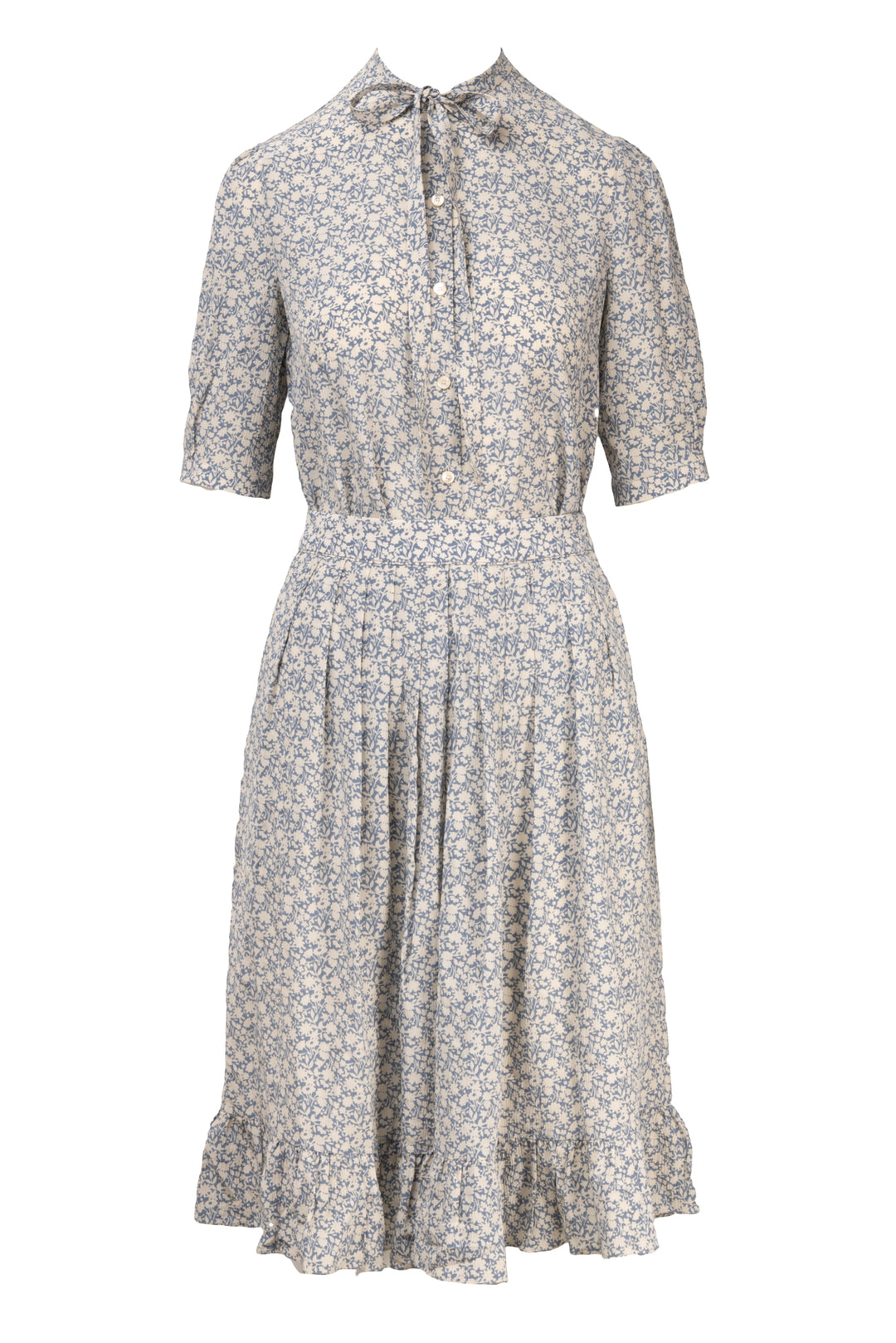 Celine Size S/M Floral Silk Bow Tie Shirt & Pleated Midi Skirt Set