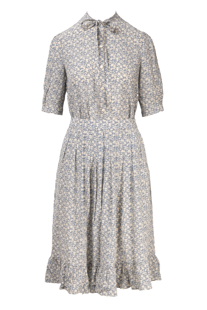 Celine Size S/M Floral Silk Bow Tie Shirt & Pleated Midi Skirt Set
