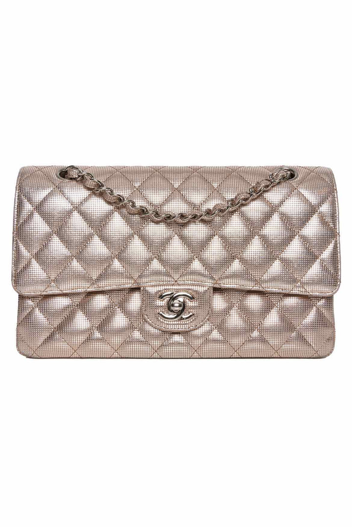 Chanel 2016 Rose Gold Pixel Effect Quilted Leather Medium Double Flap Purse