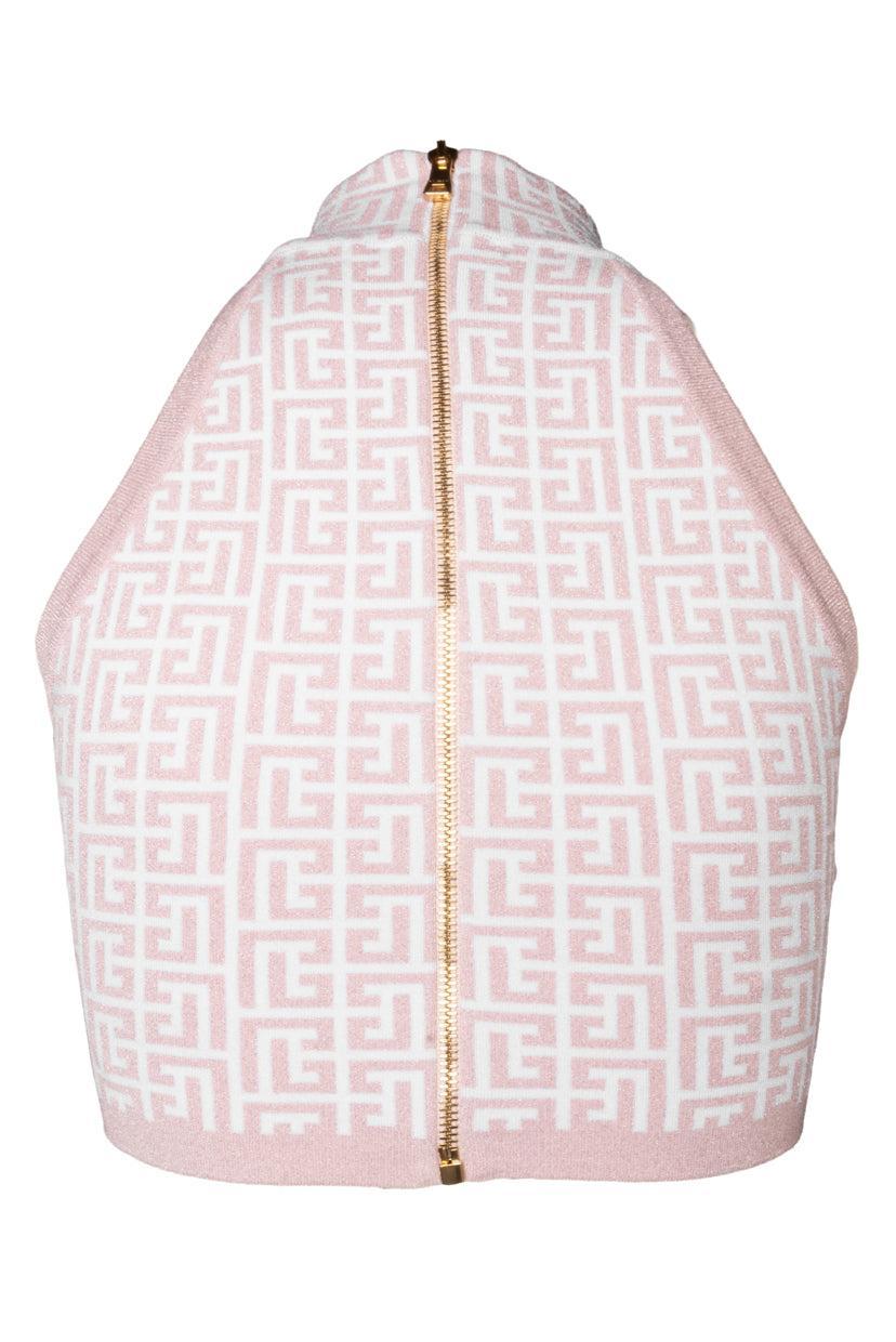 Balmain Size 38 Jacquard Cropped Sleeveless Glitter Monogram Tank Top