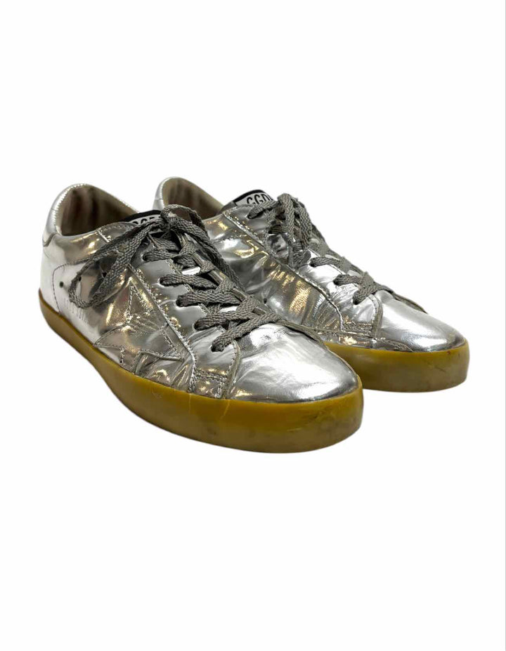 Golden Goose Size 38 Superstar Metallic Silver Leather Sneaker
