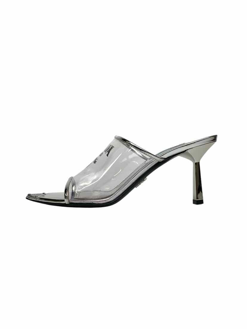 Prada Size 37 Silver Leather Logo Print PVC Slides