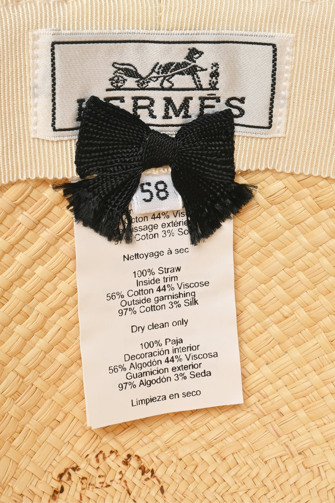 Hermes Size 58 Carrousel Brides De Gala Printed Ribbon Panama Straw Hat