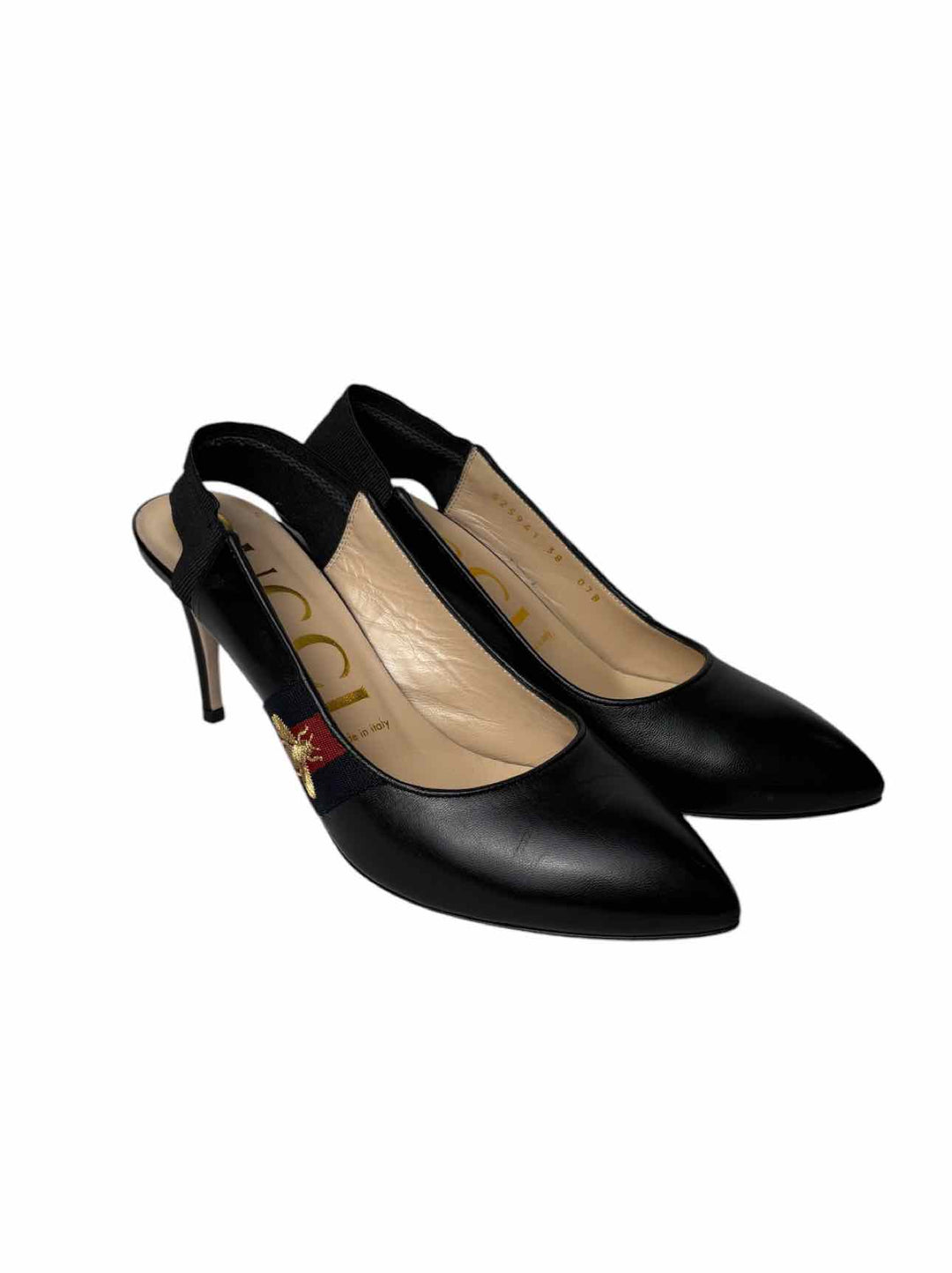 Gucci Size 38 Sylvie Web Embroidered Bee Leather Slingback Pumps
