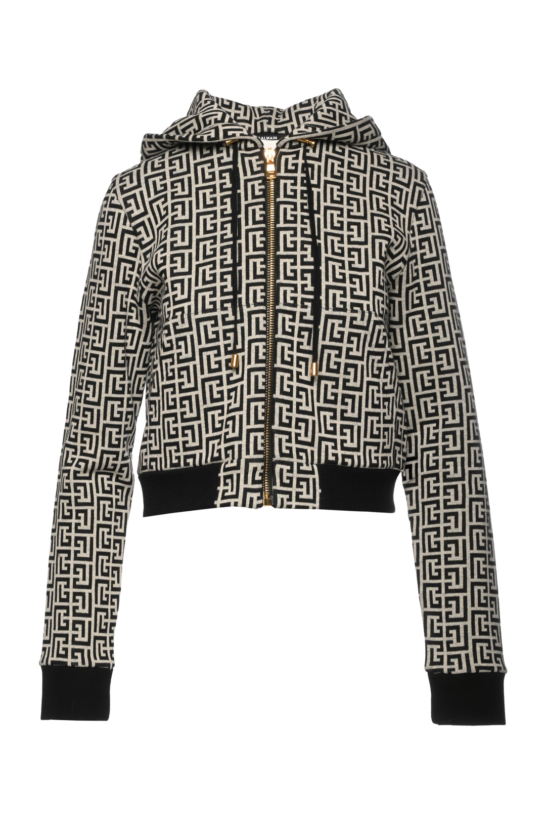Balmain Size M Monogram Print Cropped Full Zip Hoodie