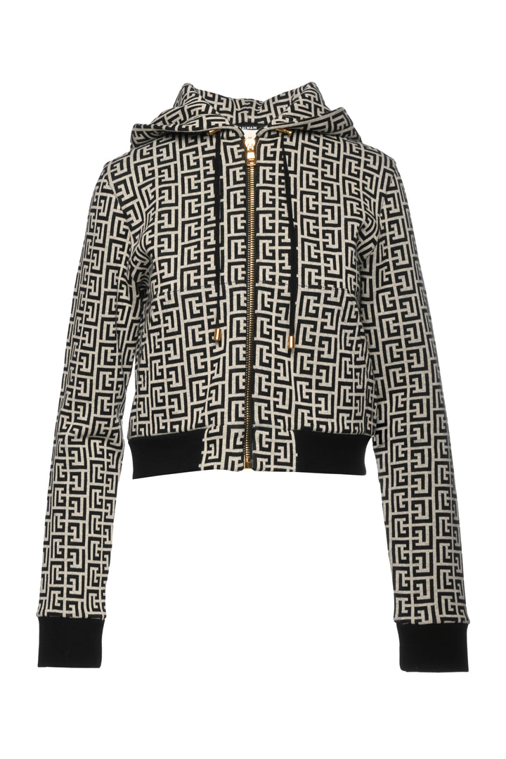Balmain Size M Monogram Print Cropped Full Zip Hoodie