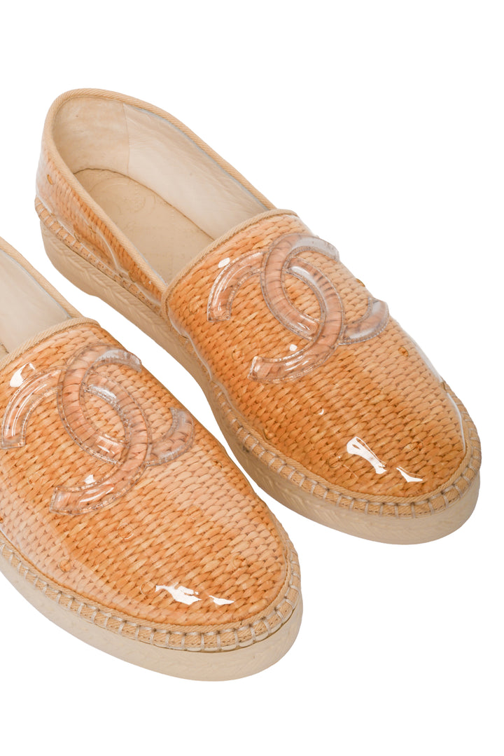 Chanel Size 38 Spring Summer 2019 Straw & PVC CC Logo Espadrille Flats