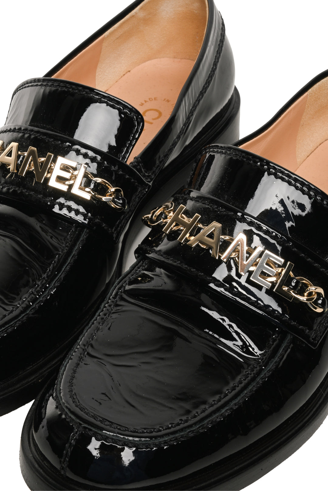 Chanel Size 36 Patent Leather Chain Logo Loafers
