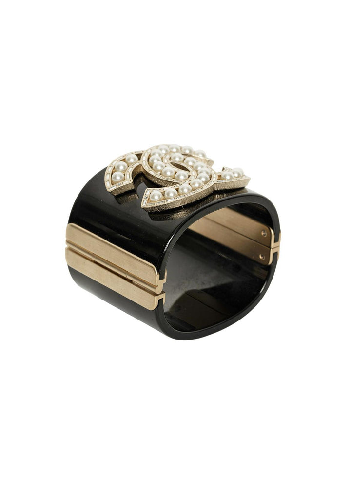 Chanel Resin Baguette Crystal Pearl CC Cuff Bracelet