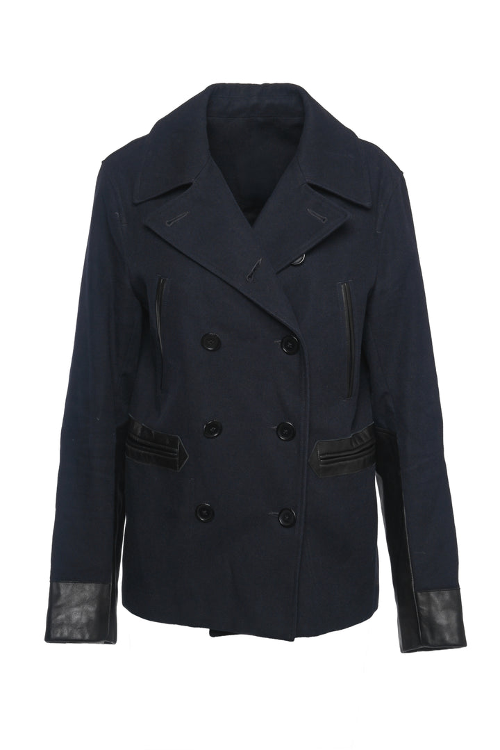 Sandro Size S Leather Trim Double Breasted Coat