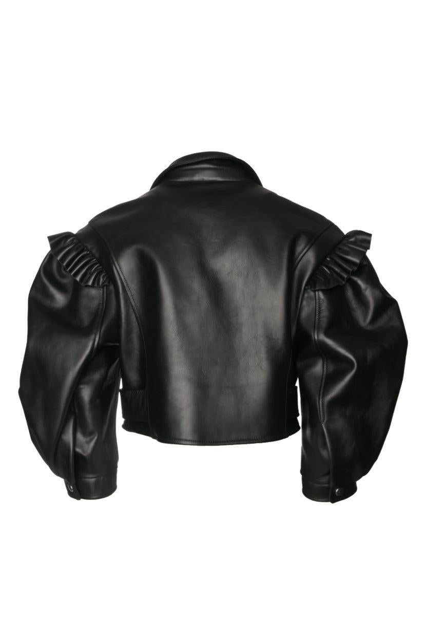 Simone Rocha Size 8 Puff-Sleeve Cropped Leather Biker Jacket