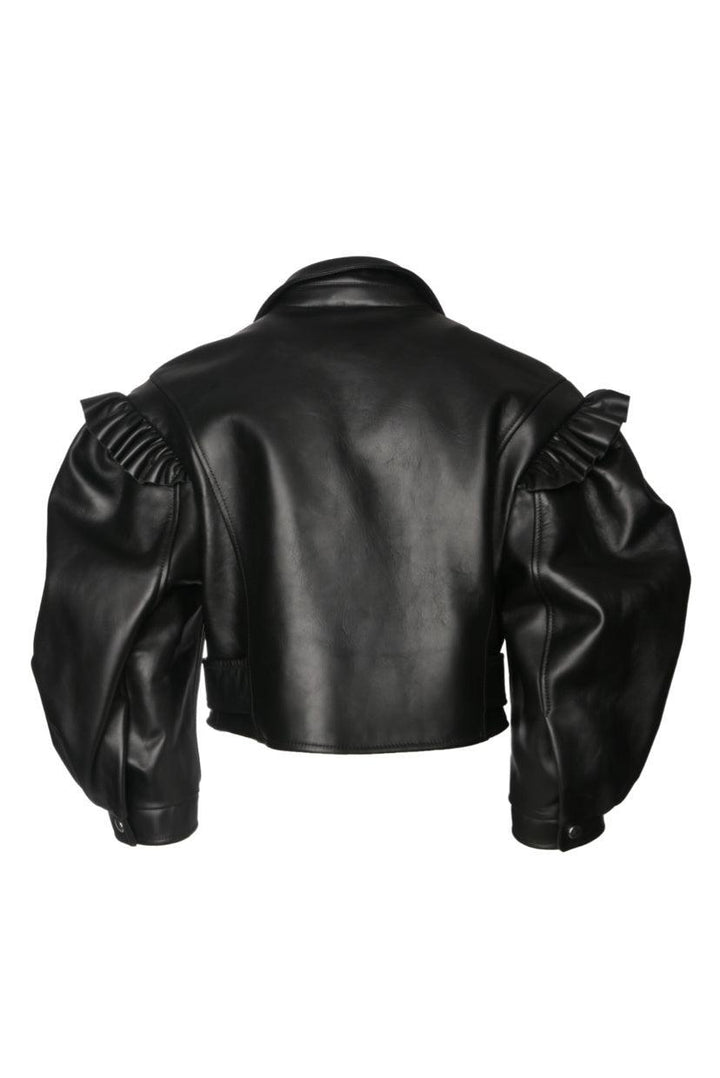 Simone Rocha Size 8 Puff-Sleeve Cropped Leather Biker Jacket