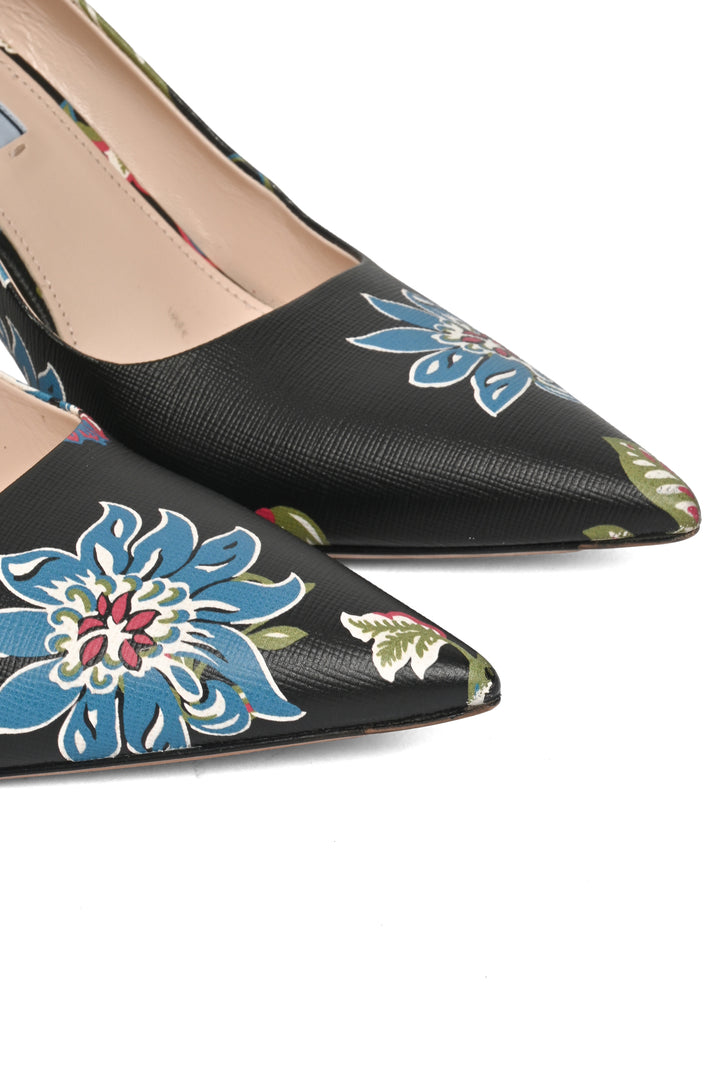 Prada Size 40 Floral Leather Pointed Toe Pumps