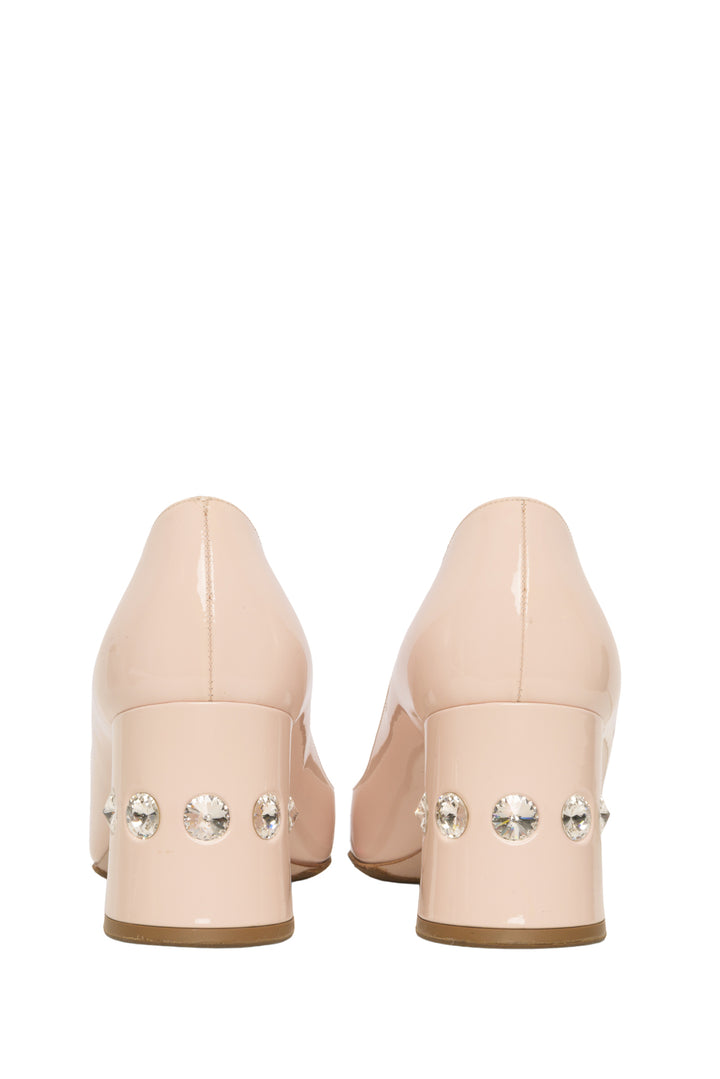 Miu Miu Size 40 Crystal Embellished Patent Leather Block Heel Pumps