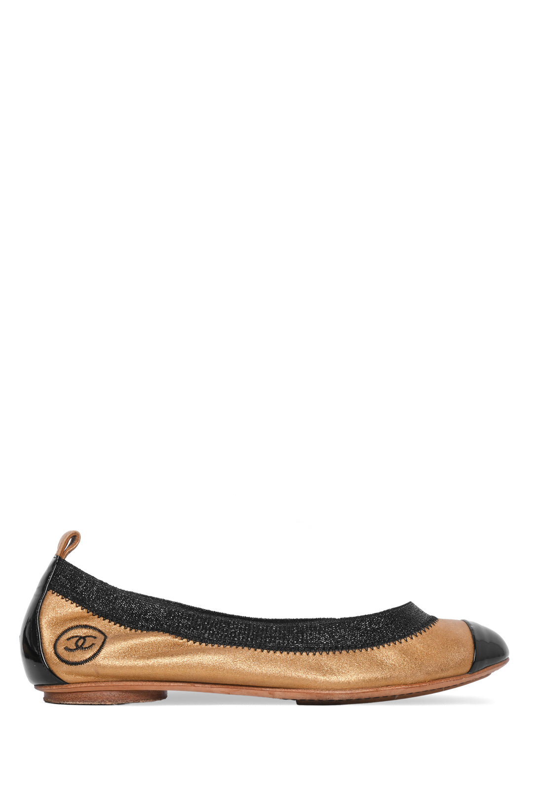 Chanel Size 36.5 Metallic Leather Elastic Trim Ballet Flats