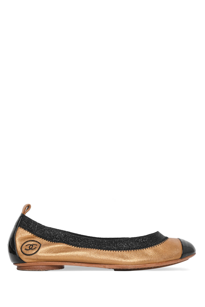 Chanel Size 36.5 Metallic Leather Elastic Trim Ballet Flats