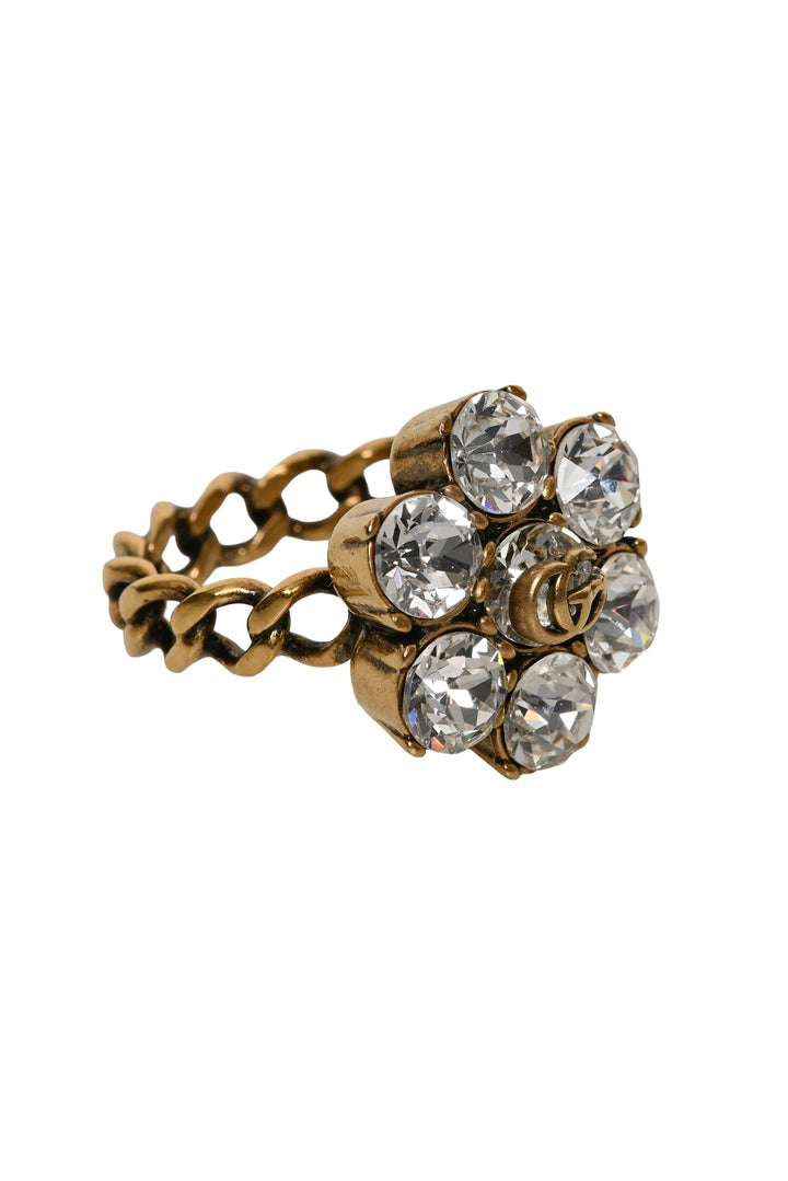 Gucci Size 8 Aged Gold Tone Metal Crystal Double G Flower Ring
